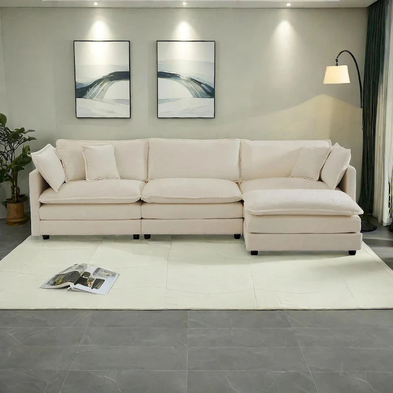 4-Piece Modular Chenille Upholstered L-Shaped Sectional Sofa with Ottoman