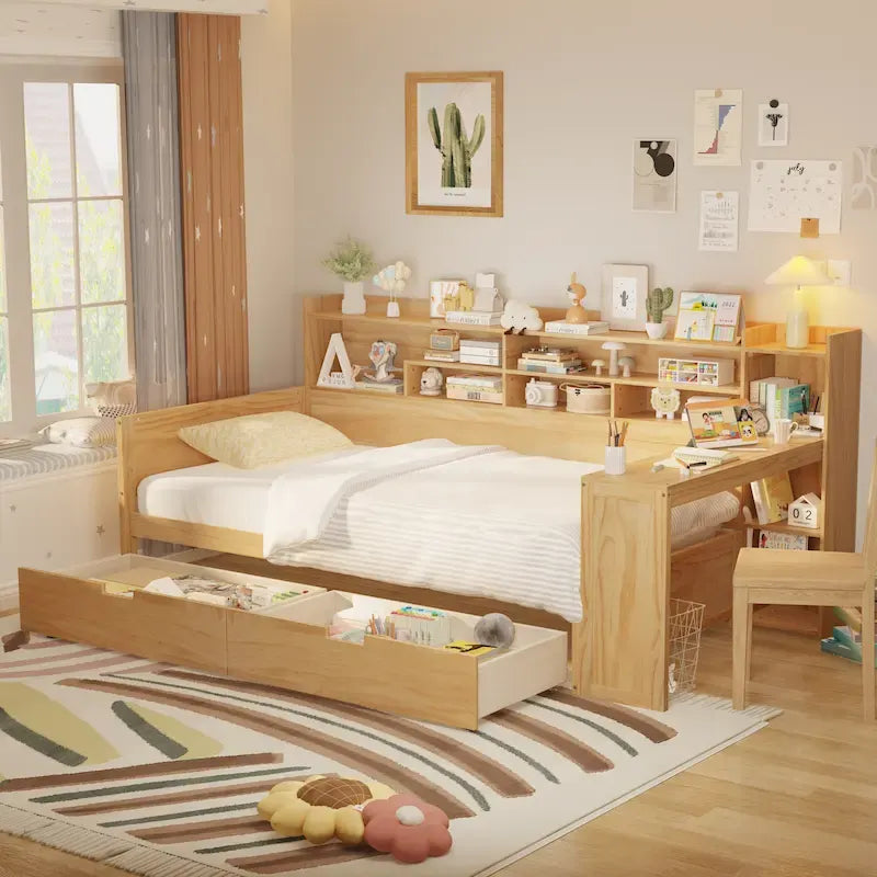 Full Size Multifunctional Daybed with Storage Shelves, Two Drawers & Built-in Study Desk