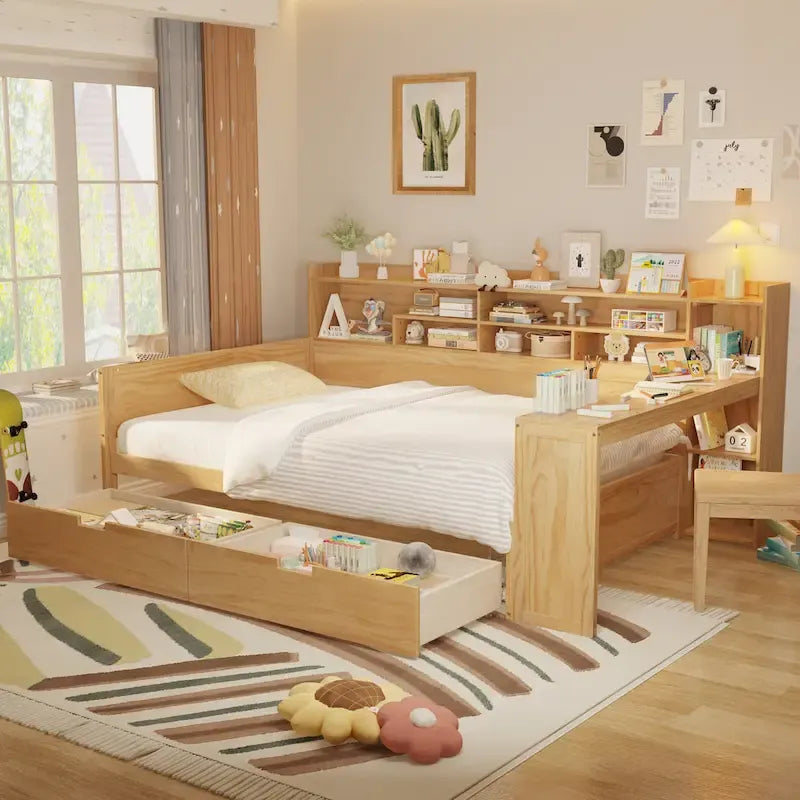 Full Size Multifunctional Daybed with Storage Shelves, Two Drawers & Built-in Study Desk