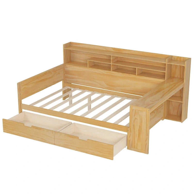 Full Size Multifunctional Daybed with Storage Shelves, Two Drawers & Built-in Study Desk