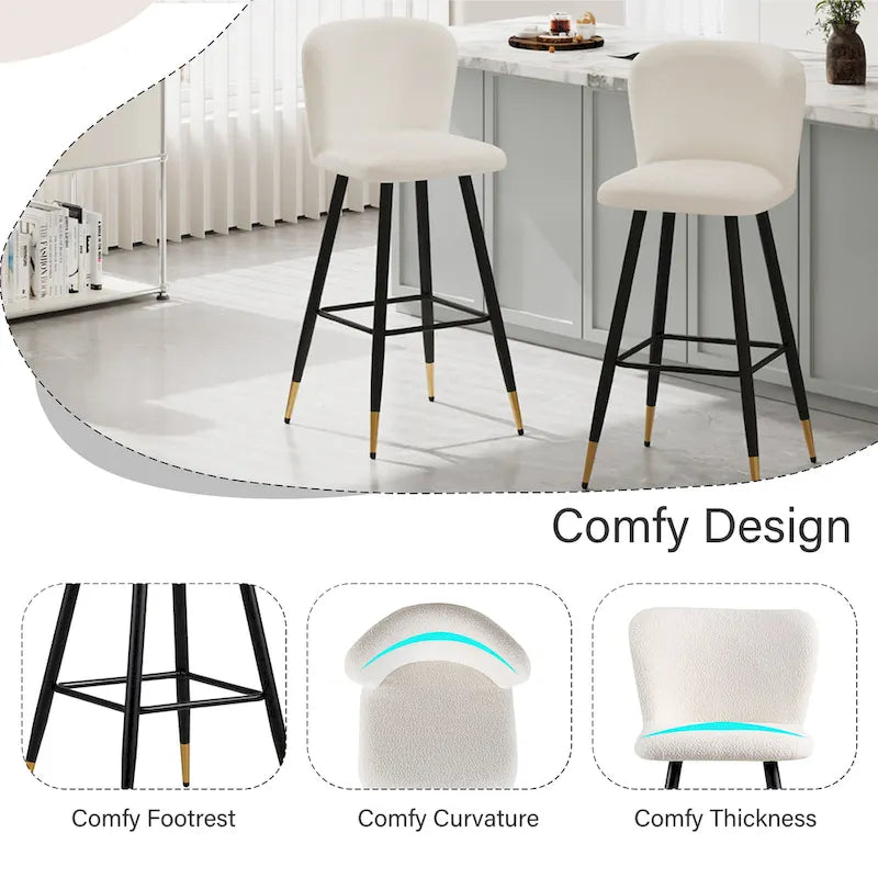Roomfitters 30 Modern Barstool, White Seat with Black Metal Legs and Gold-Tipped Ends, Contemporary Bar Chair, White