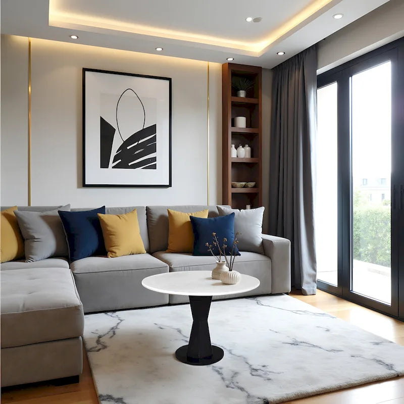 Riko Coffee Table, White Marble Top on Modern Iron Stand, Round Table, 27