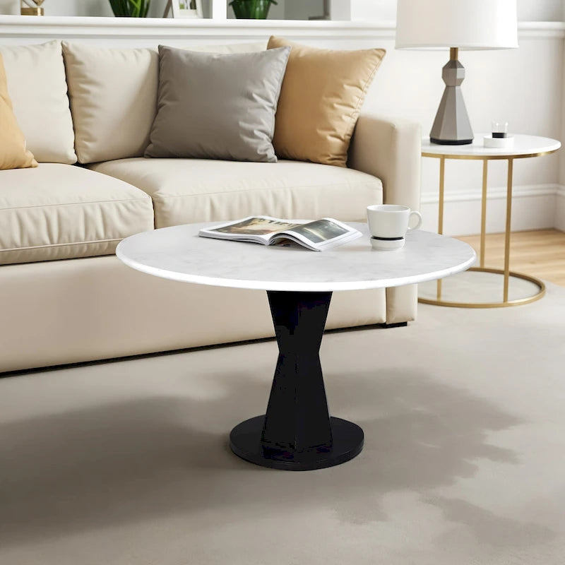Riko Coffee Table, White Marble Top on Modern Iron Stand, Round Table, 27