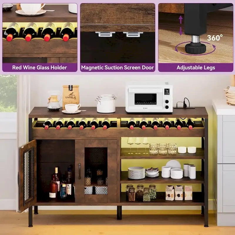55 Coffee Wine Bar Cabinet Liquor Storage Display with LED Lights - 55 inches