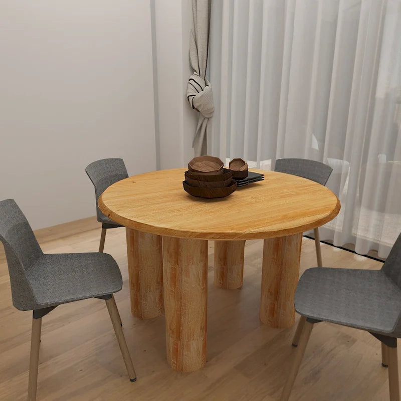 Dining Table, 48 Inch Round Top, Mango Wood Natural Brown, 4 Column Pillar Legs