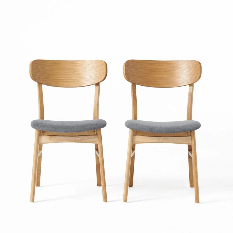 Dining Chair Set of 2, Gray Padded Seat, Natural Brown Splayed Legs