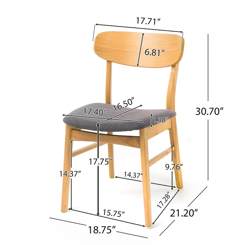 Dining Chair Set of 2, Gray Padded Seat, Natural Brown Splayed Legs