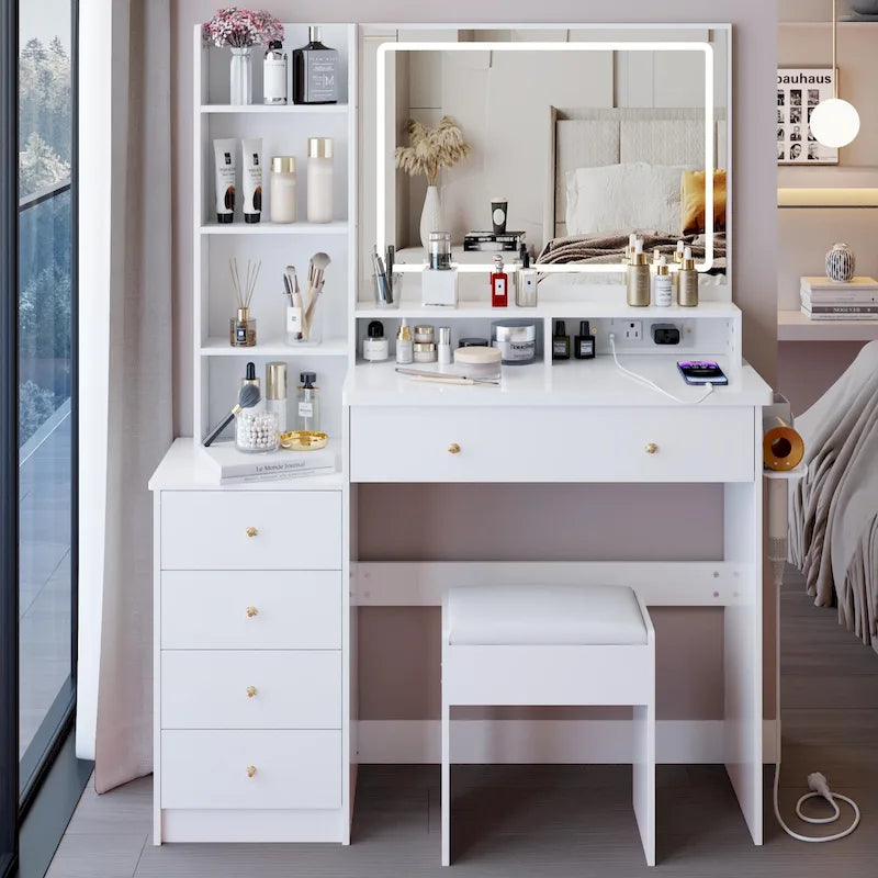 Vanity Desk with Touch Control LED Mirror, Makeup Table with Hair Dryer Stand, Vanity Table Set with Cushioned Stool