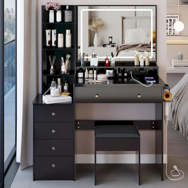 Vanity Desk with Touch Control LED Mirror, Makeup Table with Hair Dryer Stand, Vanity Table Set with Cushioned Stool