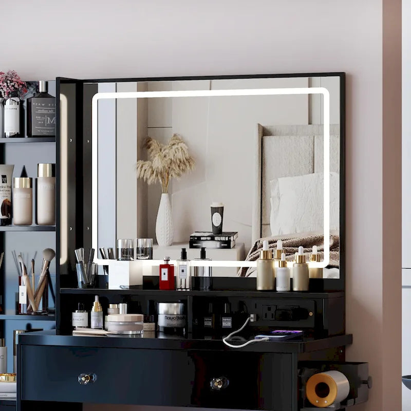 Vanity Desk with Touch Control LED Mirror, Makeup Table with Hair Dryer Stand, Vanity Table Set with Cushioned Stool