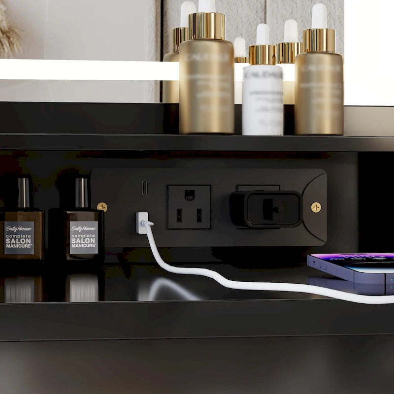 Vanity Desk with Touch Control LED Mirror, Makeup Table with Hair Dryer Stand, Vanity Table Set with Cushioned Stool