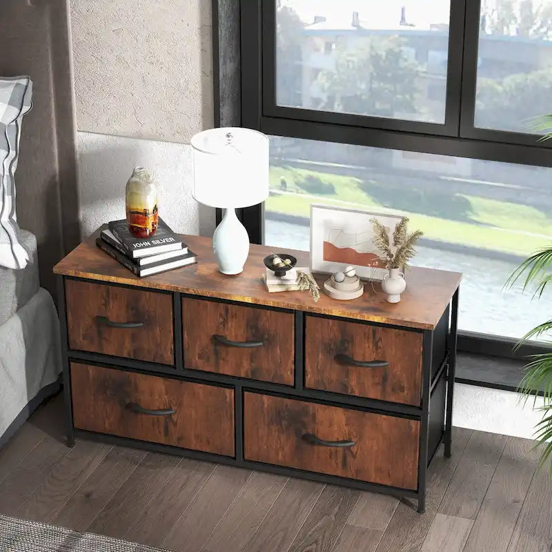 5-Drawer Horizontal Dresser with Metal Handle, Metal Frame and Wood Top for Bedroom