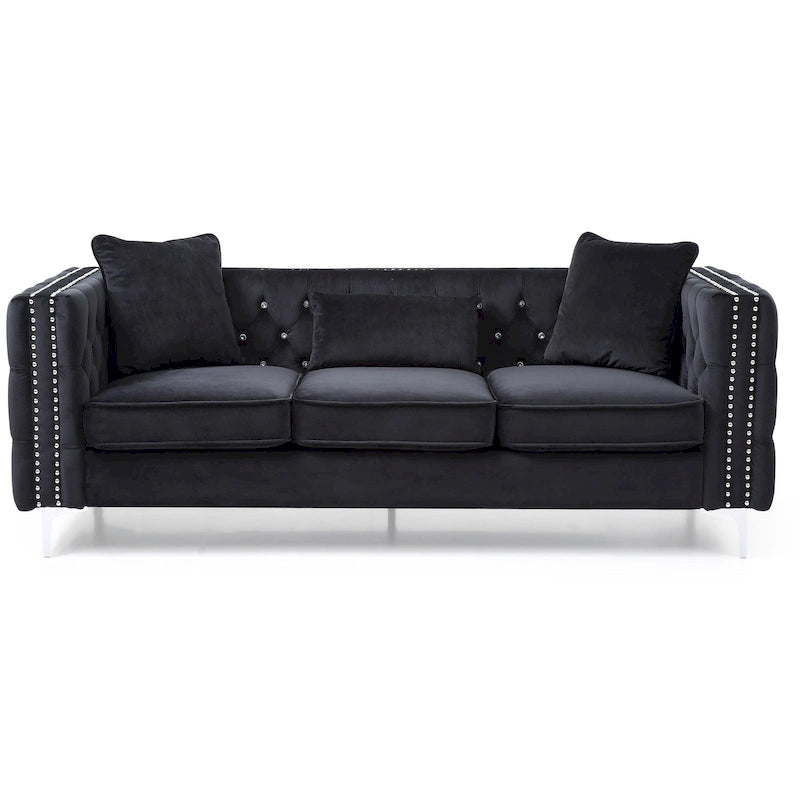 Paige 86 in. Tufted Velvet 3-Seater Sofa with 2-Throw Pillow - 86L x 34W x 30H