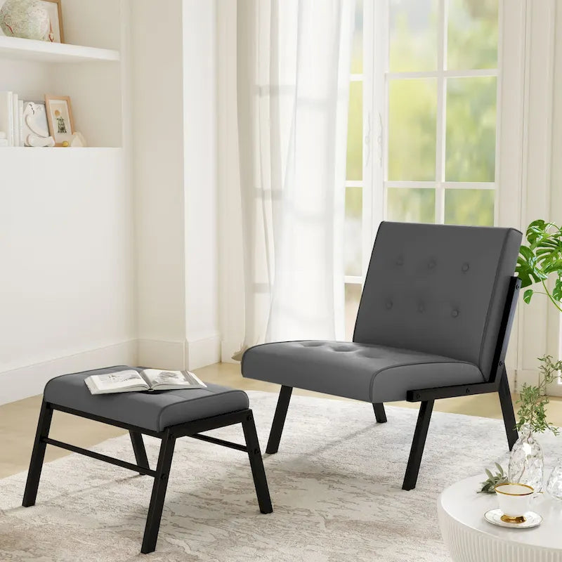 Mieres Mid-Century Style Faux Leather Upholstered Accent Chair with Ottoman, 23.6 Wide Tufted Armless Chair for Living Room
