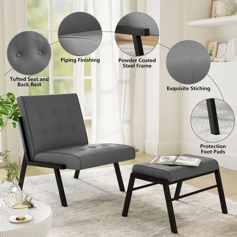 Mieres Mid-Century Style Faux Leather Upholstered Accent Chair with Ottoman, 23.6 Wide Tufted Armless Chair for Living Room