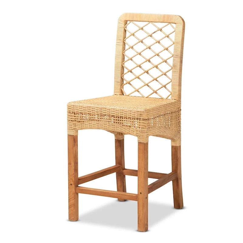 Moscow Modern Bohemian Natural Brown Rattan and Wood Counter Stool