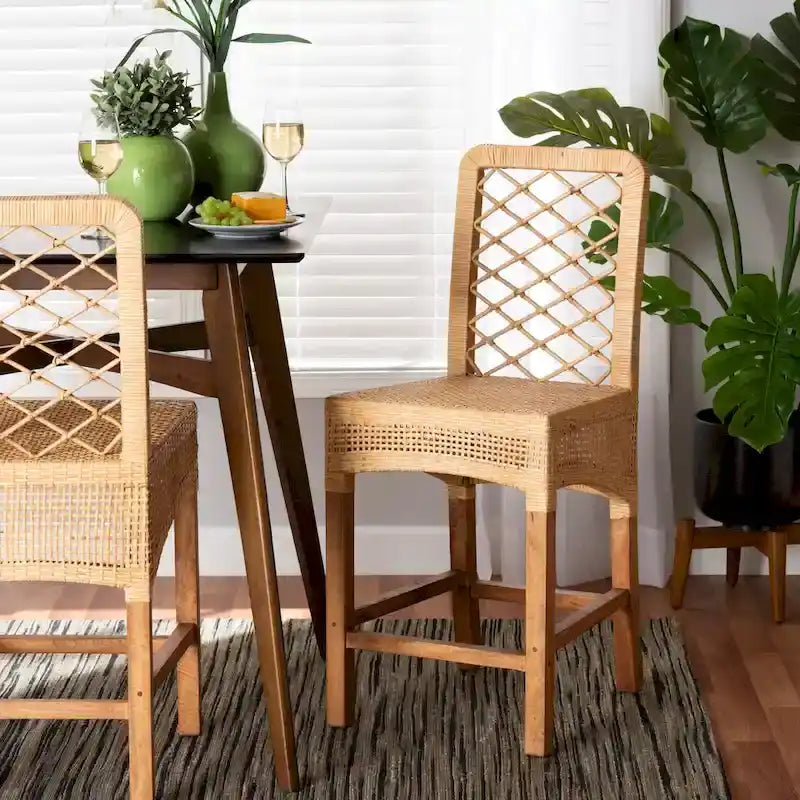 Moscow Modern Bohemian Natural Brown Rattan and Wood Counter Stool