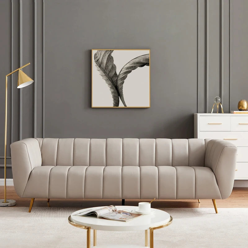 Clovis Mid Century Modern Furniture Style Full Grain Italian Leather Couch in Light Grey