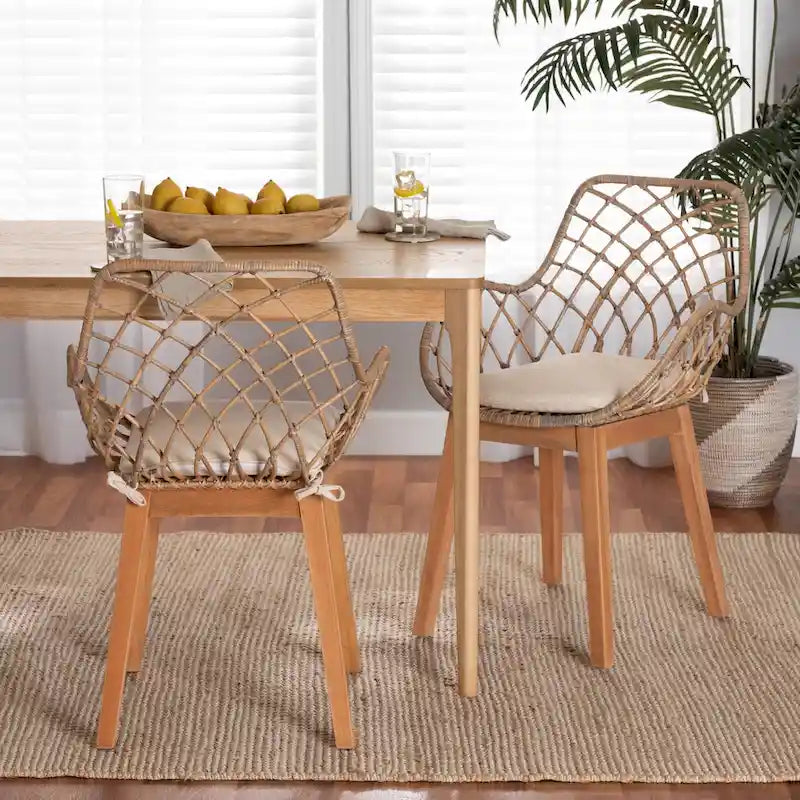 Ballerina Modern Bohemian Greywashed Rattan and Natural Brown Finished Wood 2-Piece Dining Chair Set