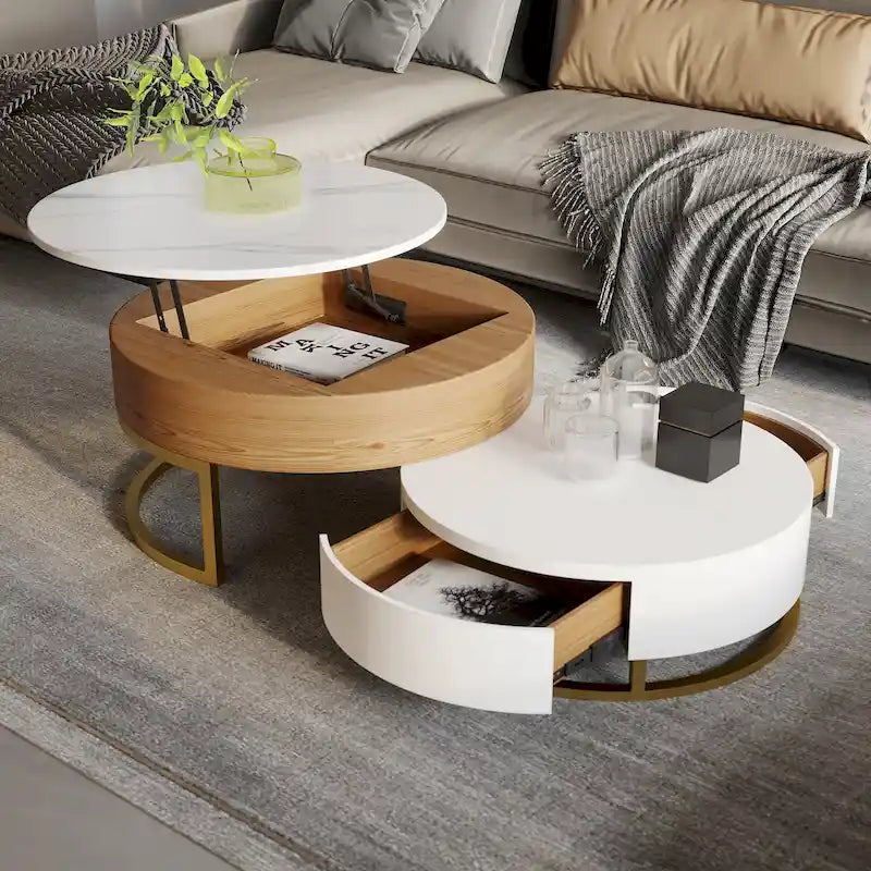 Lift-Top Round Coffee Table Set of 2 with Storage, 2 Pinewood Drawers, Swivel Tabletop, Nesting Design