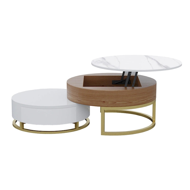 Lift-Top Round Coffee Table Set of 2 with Storage, 2 Pinewood Drawers, Swivel Tabletop, Nesting Design