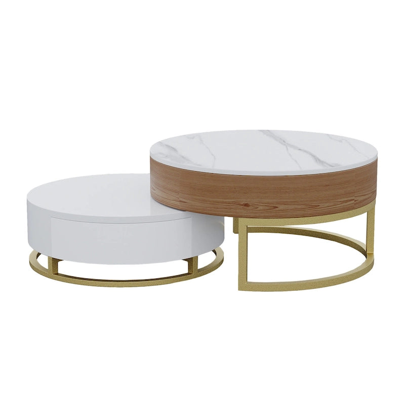 Lift-Top Round Coffee Table Set of 2 with Storage, 2 Pinewood Drawers, Swivel Tabletop, Nesting Design
