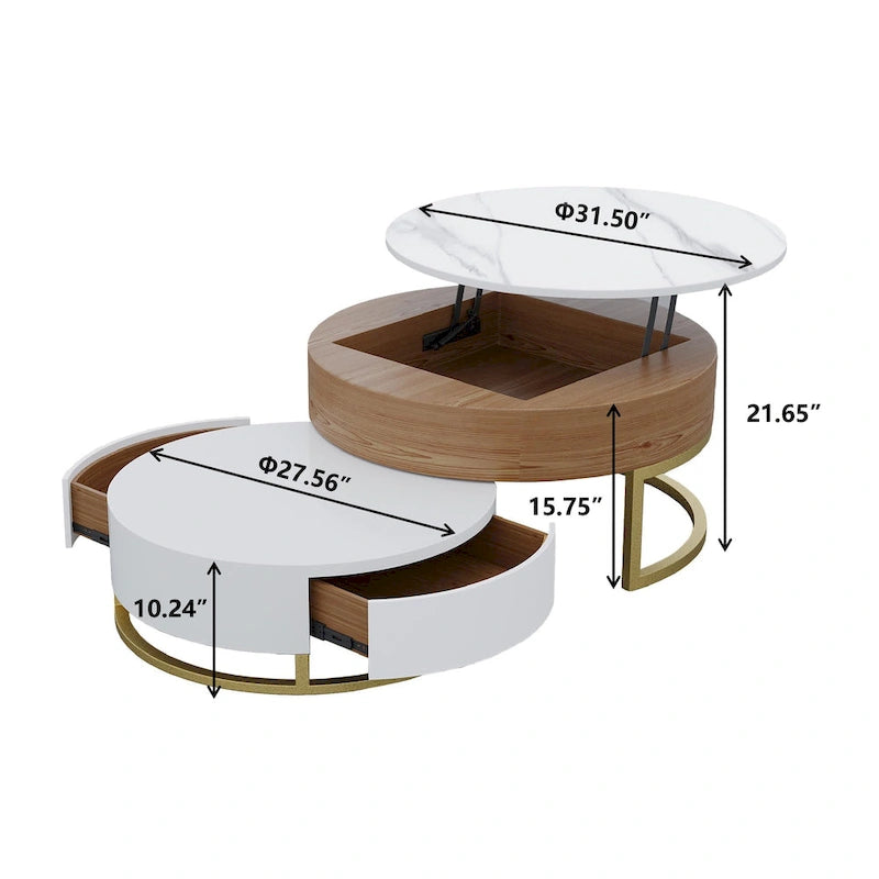 Lift-Top Round Coffee Table Set of 2 with Storage, 2 Pinewood Drawers, Swivel Tabletop, Nesting Design
