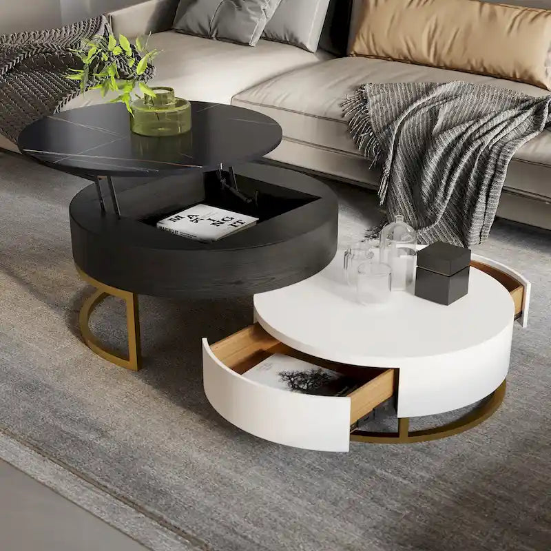 Lift-Top Round Coffee Table Set of 2 with Storage, 2 Pinewood Drawers, Swivel Tabletop, Nesting Design