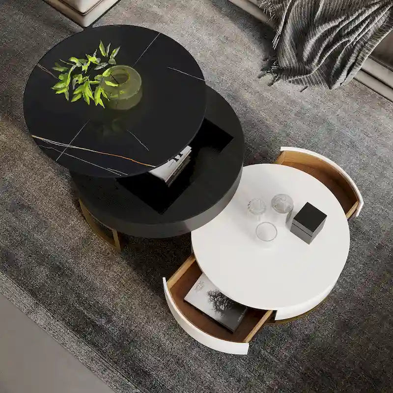 Lift-Top Round Coffee Table Set of 2 with Storage, 2 Pinewood Drawers, Swivel Tabletop, Nesting Design