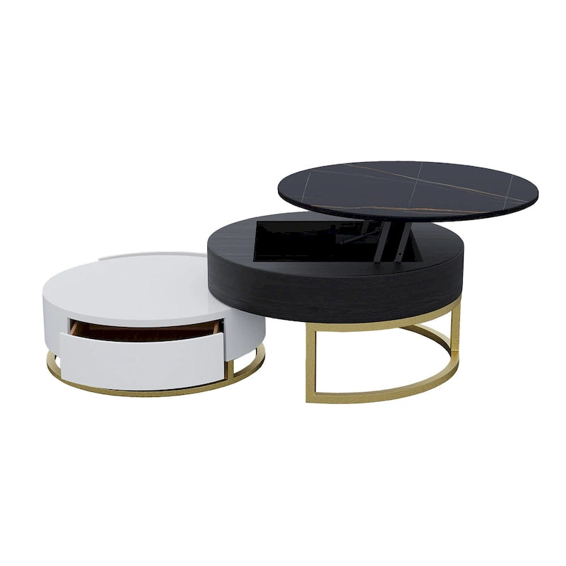 Lift-Top Round Coffee Table Set of 2 with Storage, 2 Pinewood Drawers, Swivel Tabletop, Nesting Design