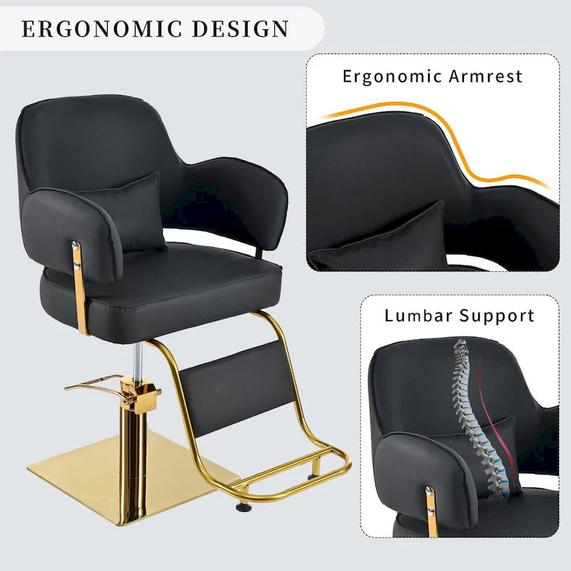 Leather Swivel Barber Chairs in Black Ergonomic Armrest Salon Chair with Heavy-Duty Hydraulic Pump Adjustable