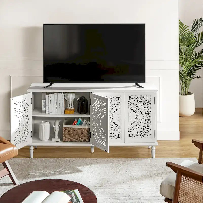 Ismenides Traditional Carved Built-in Lighting Sideboard Storage TV Stand By HULALA HOME