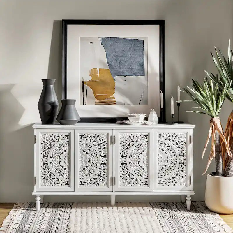 Ismenides Traditional Carved Built-in Lighting Sideboard Storage TV Stand By HULALA HOME