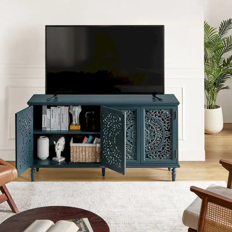 Ismenides Traditional Carved Built-in Lighting Sideboard Storage TV Stand By HULALA HOME