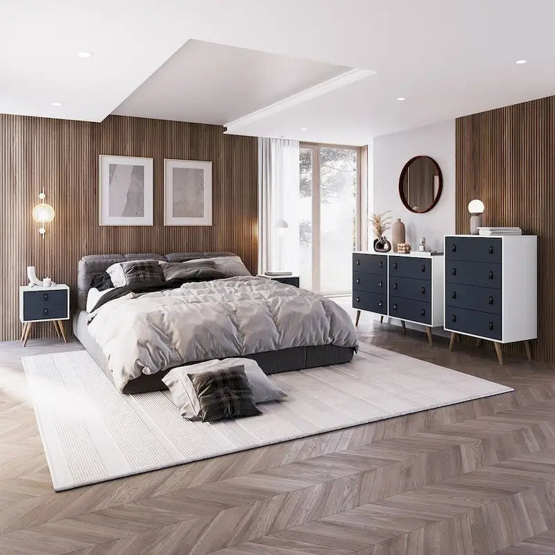 Manhattan Comfort Amber Nightstand with Faux Leather Handles in Blue and Nature