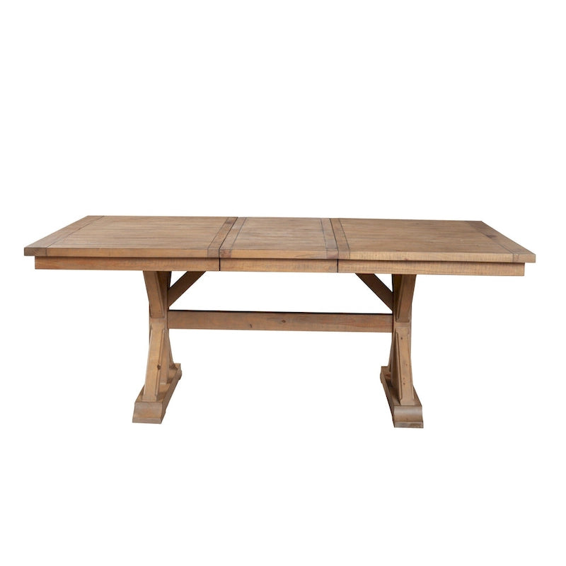 Tess 78 Inch Dining Table, Extendable Leaf, Trestle Base, Natural Brown