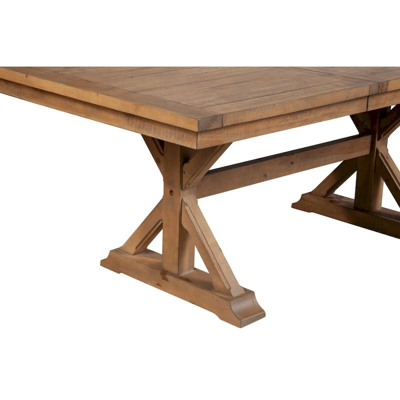 Tess 78 Inch Dining Table, Extendable Leaf, Trestle Base, Natural Brown