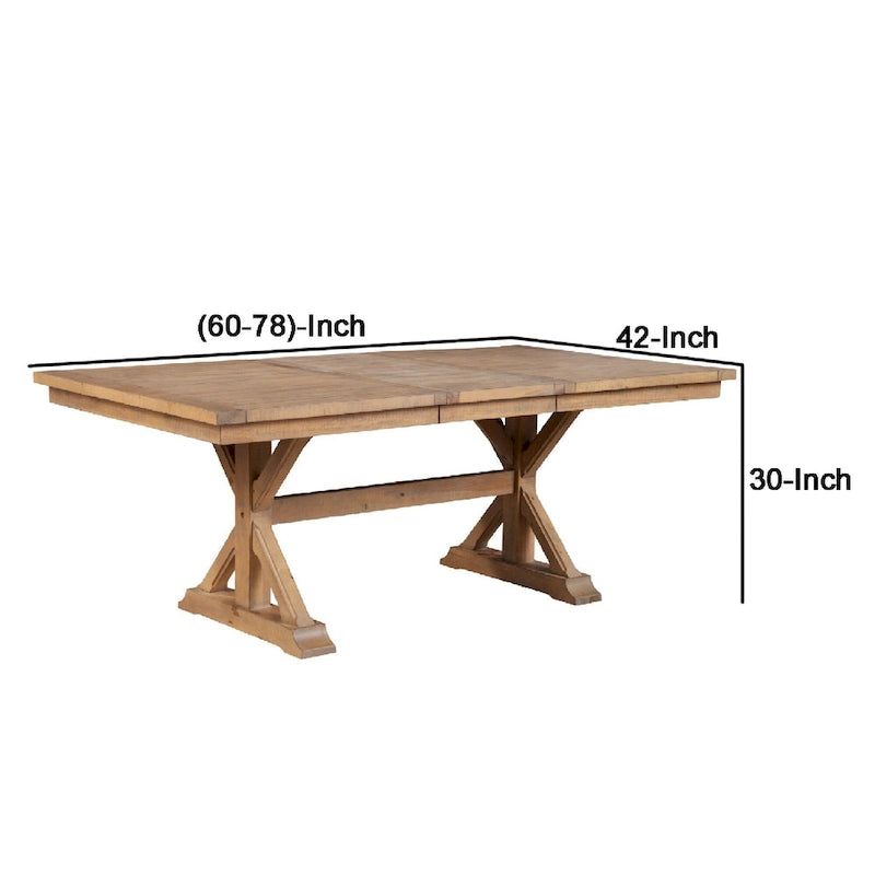 Tess 78 Inch Dining Table, Extendable Leaf, Trestle Base, Natural Brown