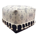 18 Navy and White Ornamental Motif Handcrafted Square Pouf Ottoman