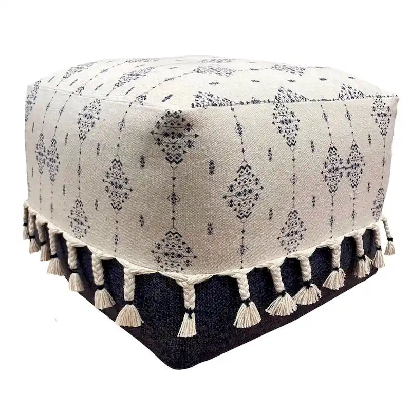 18 Navy and White Ornamental Motif Handcrafted Square Pouf Ottoman