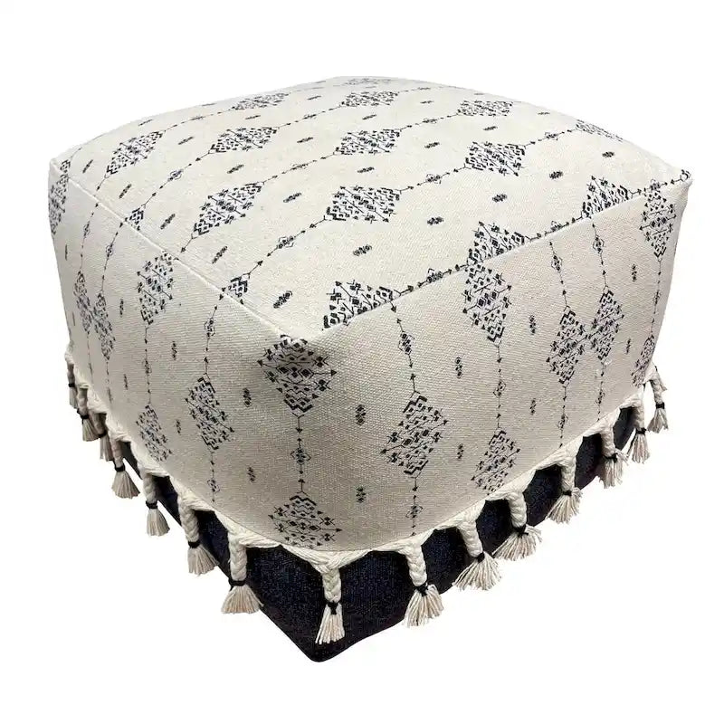 18 Navy and White Ornamental Motif Handcrafted Square Pouf Ottoman