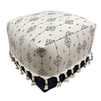 18 Navy and White Ornamental Motif Handcrafted Square Pouf Ottoman