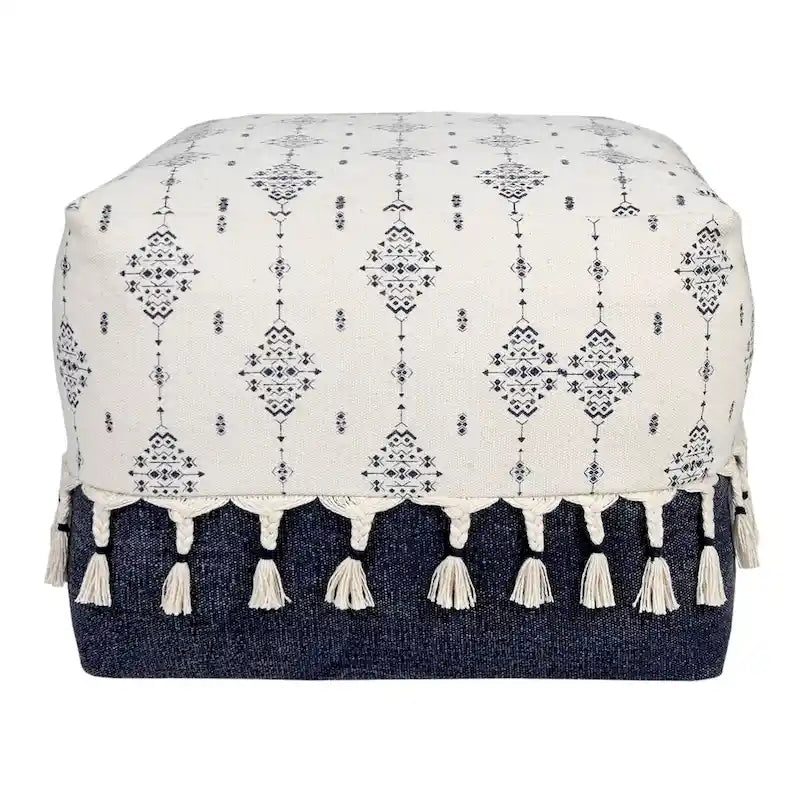 18 Navy and White Ornamental Motif Handcrafted Square Pouf Ottoman