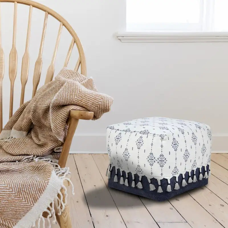 18 Navy and White Ornamental Motif Handcrafted Square Pouf Ottoman