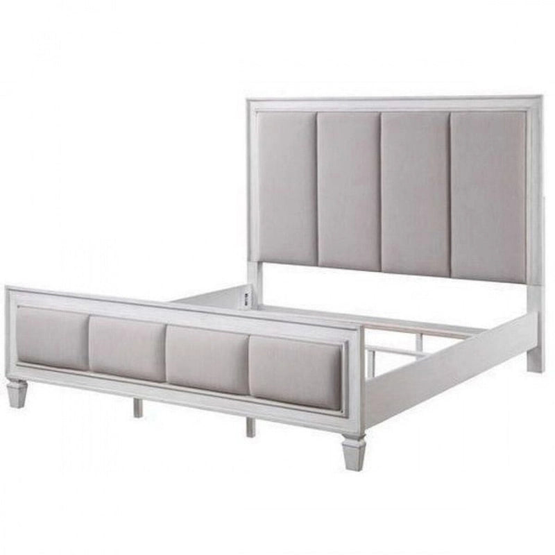 Queen Bed with Channel Tufted Fabric Padding, White and Gray