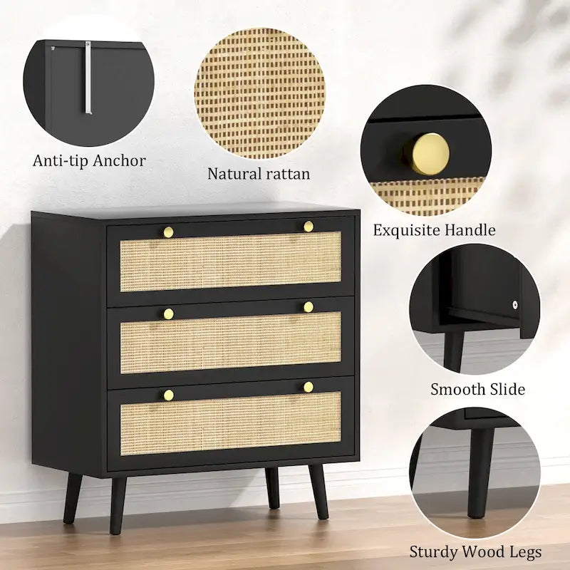 Anmytek Modern 3-Drawer Black Dresser Rattan Chest of Drawers for Bedroom