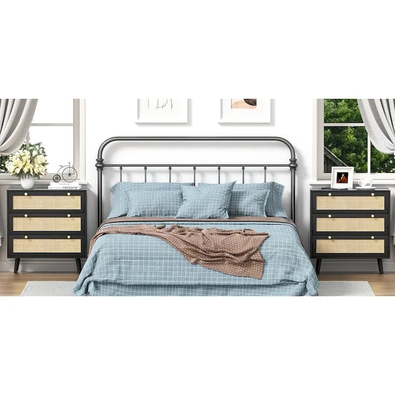 Anmytek Modern 3-Drawer Black Dresser Rattan Chest of Drawers for Bedroom