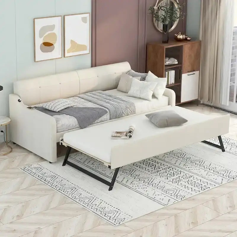 Twin Size Upholstery Daybed with Trundle and USB Charging Design, Trundle Can Be Flat or Erected & Upholstery Backrest