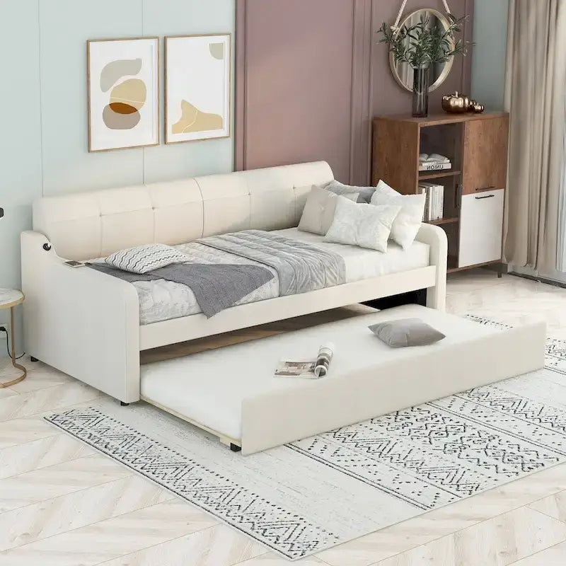 Twin Size Upholstery Daybed with Trundle and USB Charging Design, Trundle Can Be Flat or Erected & Upholstery Backrest