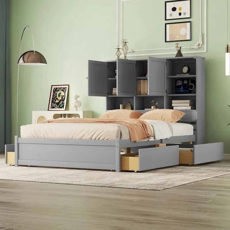 Queen Size Platform Bed with Storage Headboard and 4 Drawers